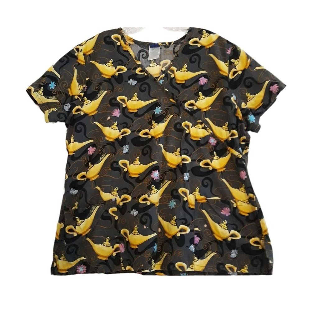 Disney Aladdin Scrub Top Womens XL Black Yellow Pink Yellow Short Sleeves Pocket